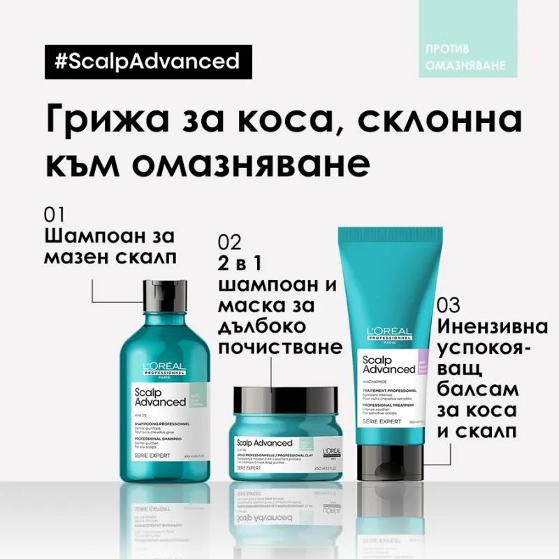 Грижа 2 в 1 шампоан и маска за скалп, склонен към омазняване Loreal Professionnel Serie Expert Scalp Advanced Anti-Oiliness 2