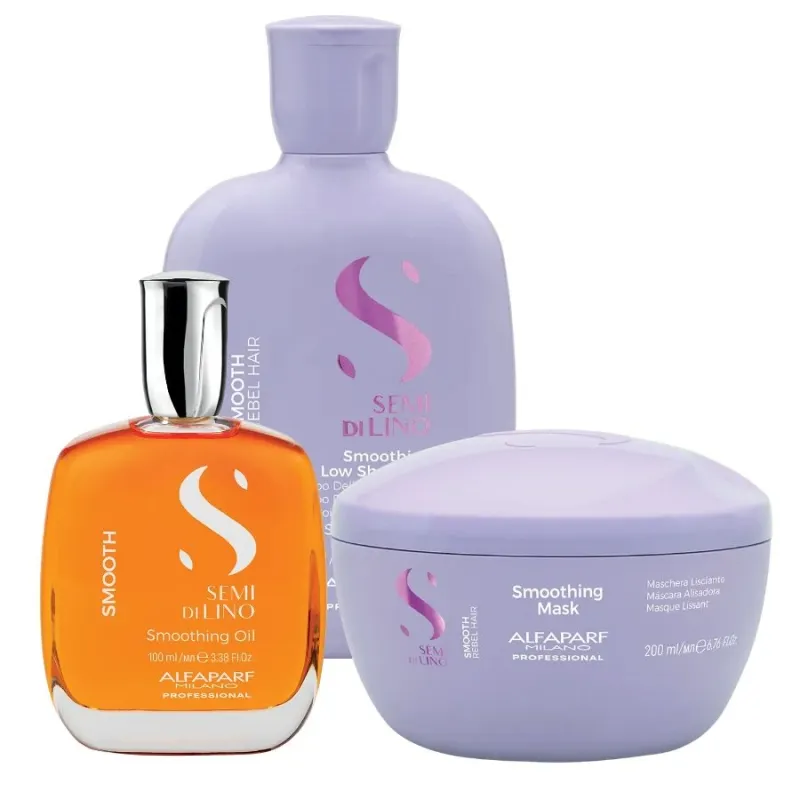 Изглаждащ комплект за цъфтяща и непокорна коса Alfaparf Semi di Lino Smooth Rebel Hair Shampoo + Mask + Oil