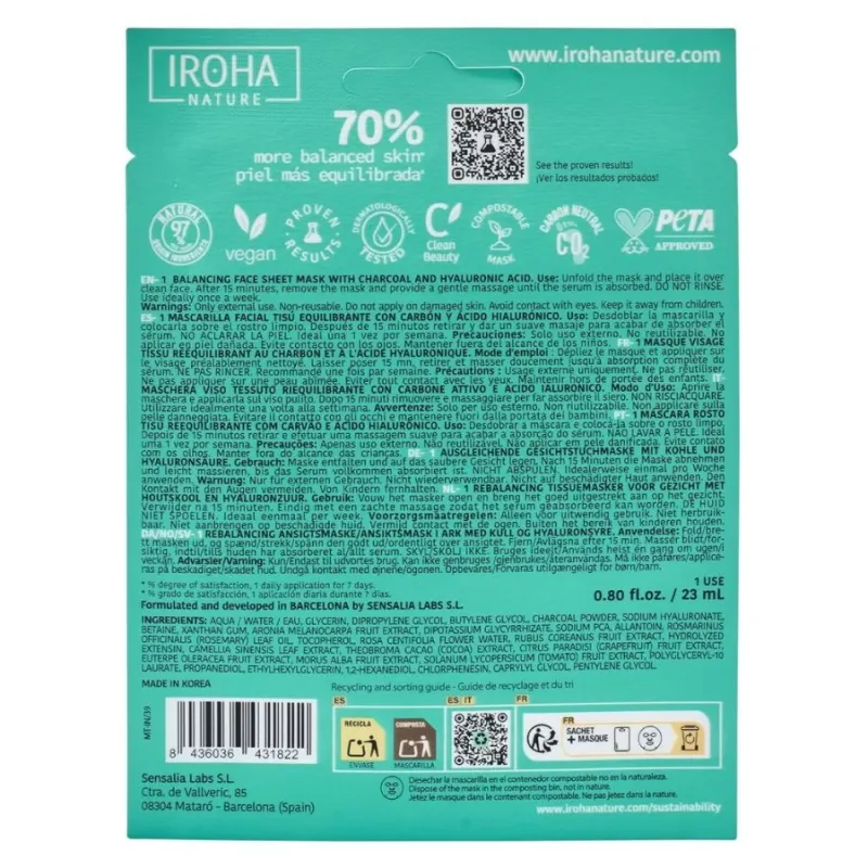 Интензивна детоксикираща маска за лице с активен въглен и хиалурон IROHA Nature Detox Balancing Charcoal 25 ml — снимка 3