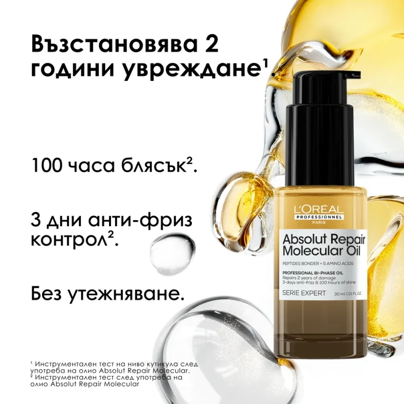 Двуфазно олио за блясък и възстановяване в размер за пътуване L’Oréal Professionnel Absolut Repair Molecular Bi-phase Oil 30