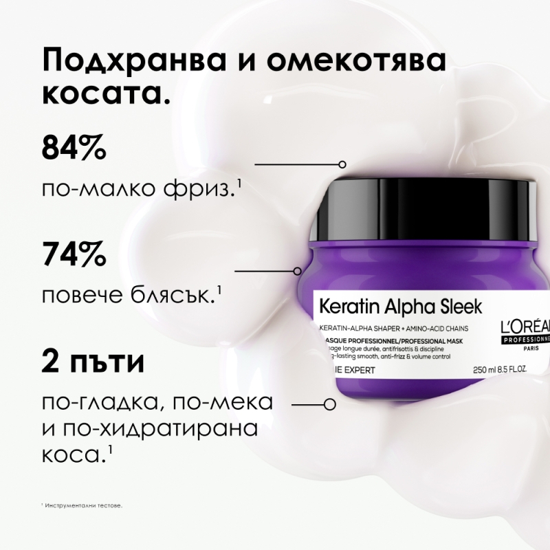Изглаждаща маска за коса Loreal Professionnel Keratin Alpha Sleek Mask 200 ml — снимка 5