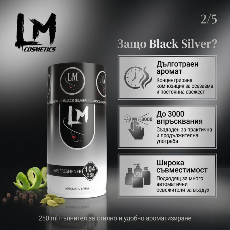 Освежител за въздух LM Black Silver 250ml 104 ( пълнител за електронен ароматизатор ) — снимка 3