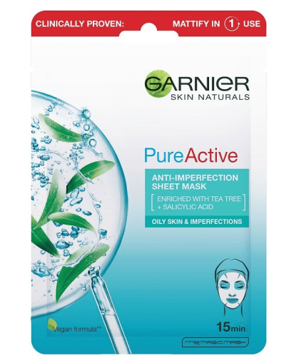 Хартиена маска за мазна и проблемна кожа с Чаено дърво Garnier Pure Active Anti-Imperfection Sheet Mask