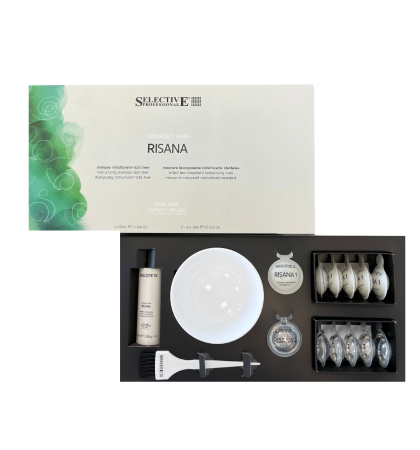 Възстановяващ комплект за увредена коса Selective Risana Damaged Hair Set Shampoo 150ml + Restructuring Mask 6+6X15ml