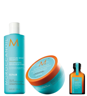 Възстановяваща терапия Moroccanoil Moisture Repair Shampoo + Mask+ Treatment